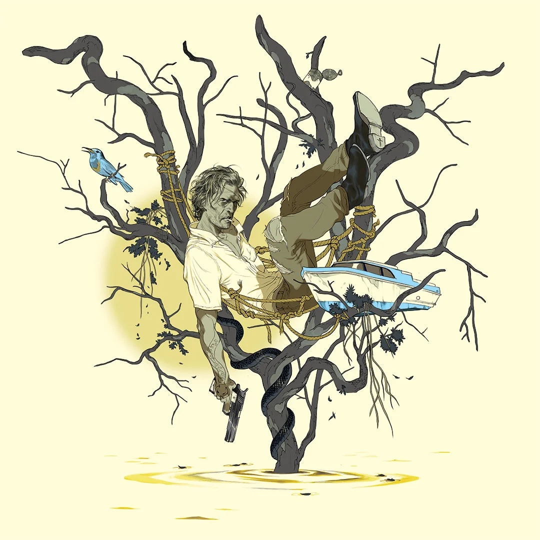Illustration d'un homme suspendu dans un arbre mort, entouré de cordes, d'un serpent et d'une barque, par Tomer Hanuka.