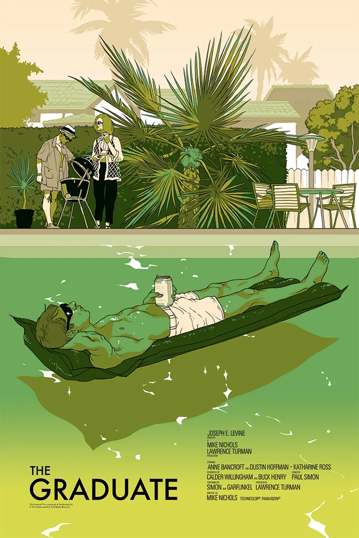 Affiche alternative du film The Graduate montrant Benjamin Braddock flottant sur un matelas dans une piscine, par Tomer Hanuka.
