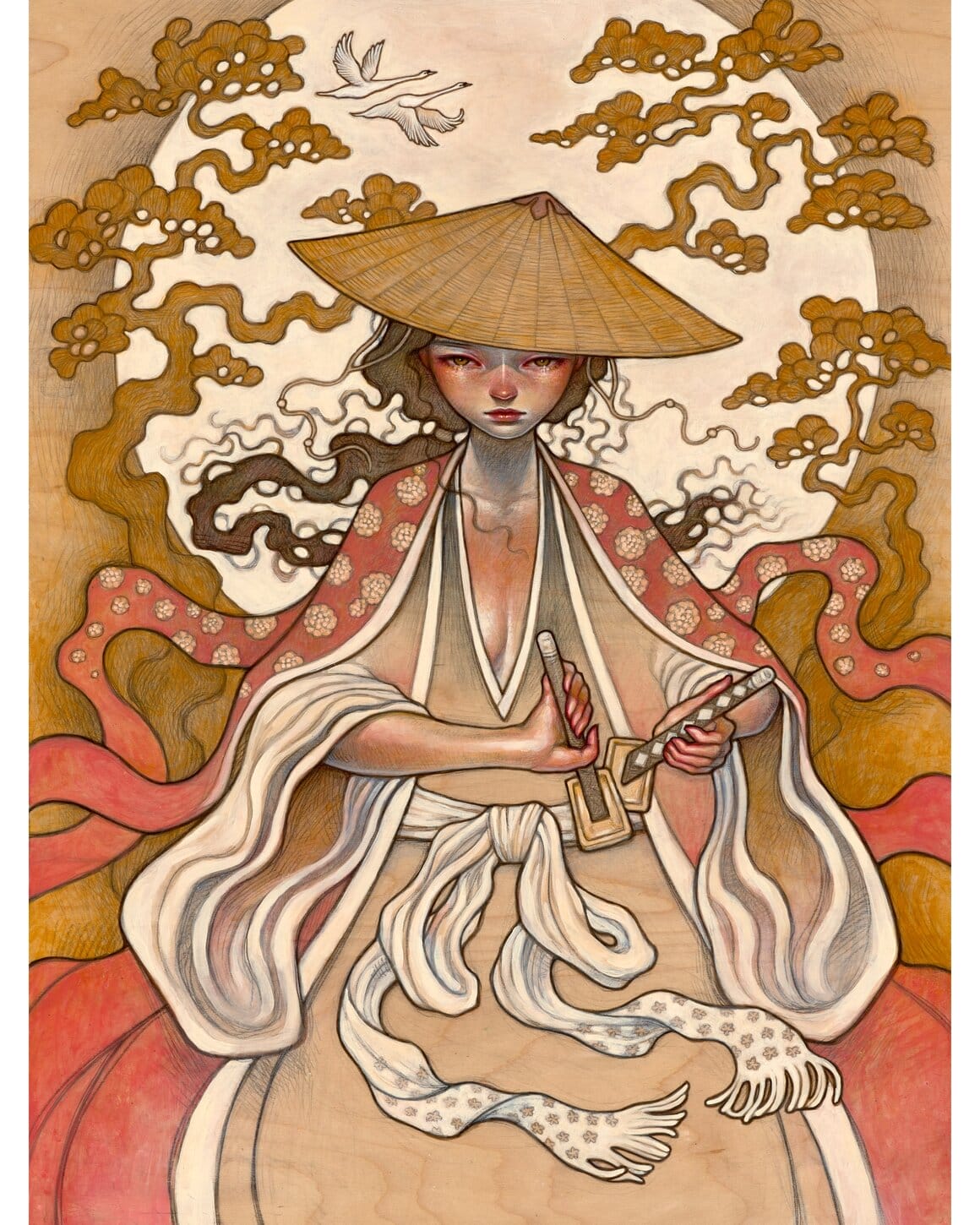 Une femme vêtue d'un kimono et coiffée d'un large chapeau tient un sabre devant un décor avec un soleil en fond.