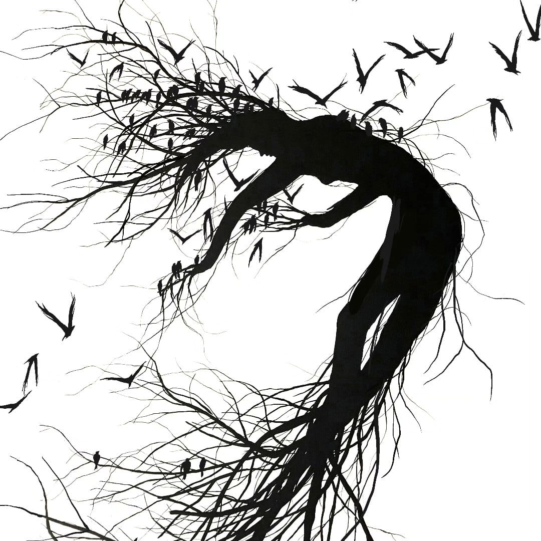Fresque réaliser par la street artiste David de la mano. "invisible spring" représente la silhouette d'une femme dont les cheveux et les membres se transforment en branches et racines. Des oiseaux dont les ailes aussi sont fait de bois se posent sur ses branches