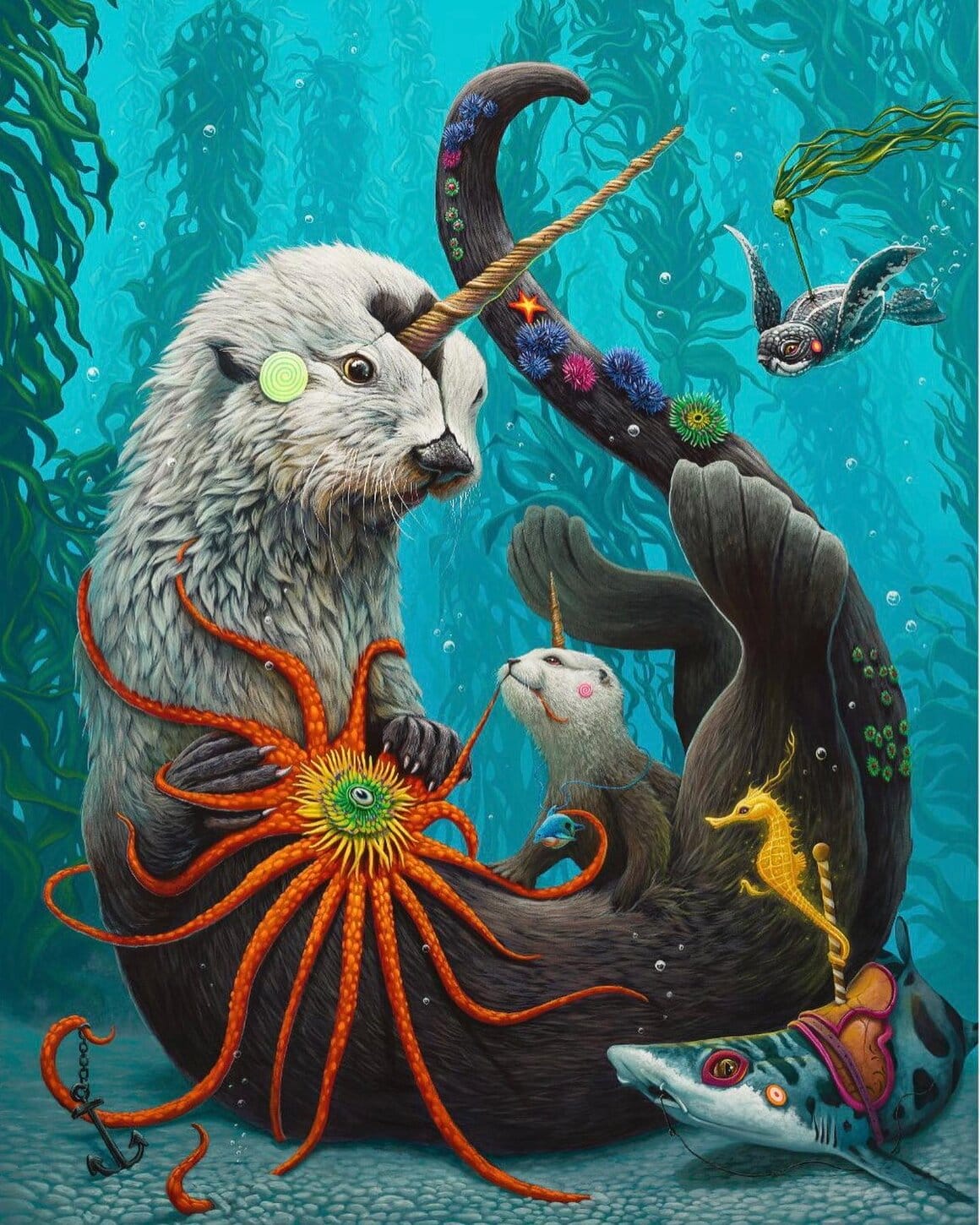 Œuvre réalisé par l'artiste Dulk. Elle représente une mère loutre avec son petit, la mère loutre à sur le front un trou en forme de coeur duquel sort une corne de licorne. sur le ventre de la mère est accroché une espèce d'étoile de mer cassante orange avec un oeil. Un hippocampe jeune chevauche un requin nourrisse.