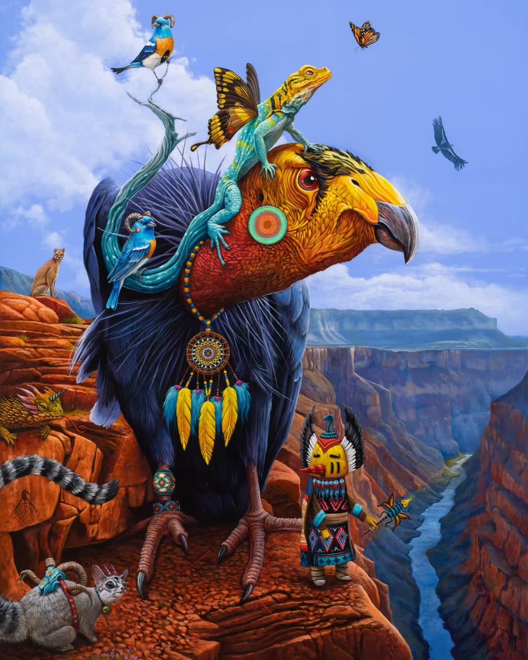 Œuvre réalisé par l'artiste Dulk. Elle représente un grand vautour posé au bord d'un canyon, sur sa tête se trouve un lézard avec des ailes de papillons et dont la queue se transforme en branche sur laquelle sont posés des oiseaux bleus avec des cornes de béliers. A l'arrière plan un puma les regarde