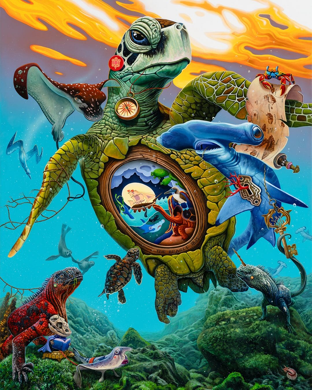 Œuvre réalisé par l'artiste Dulk. Une grande tortue verte nage dans la mer aux côtés d'un requin marteau et d'une raie menta. Sous son ventre une sorte de peinture avec dessus une grande tortue terrestre orangeau bord de la mer, dans l'eau le requin marteau regarde tristement la tortue et au large navigue un grand bateau