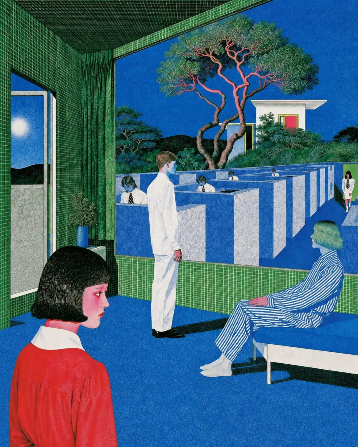 Une femme assise face à une baie vitrée, regardant un jardin où des box avec des personnages sont alignés.