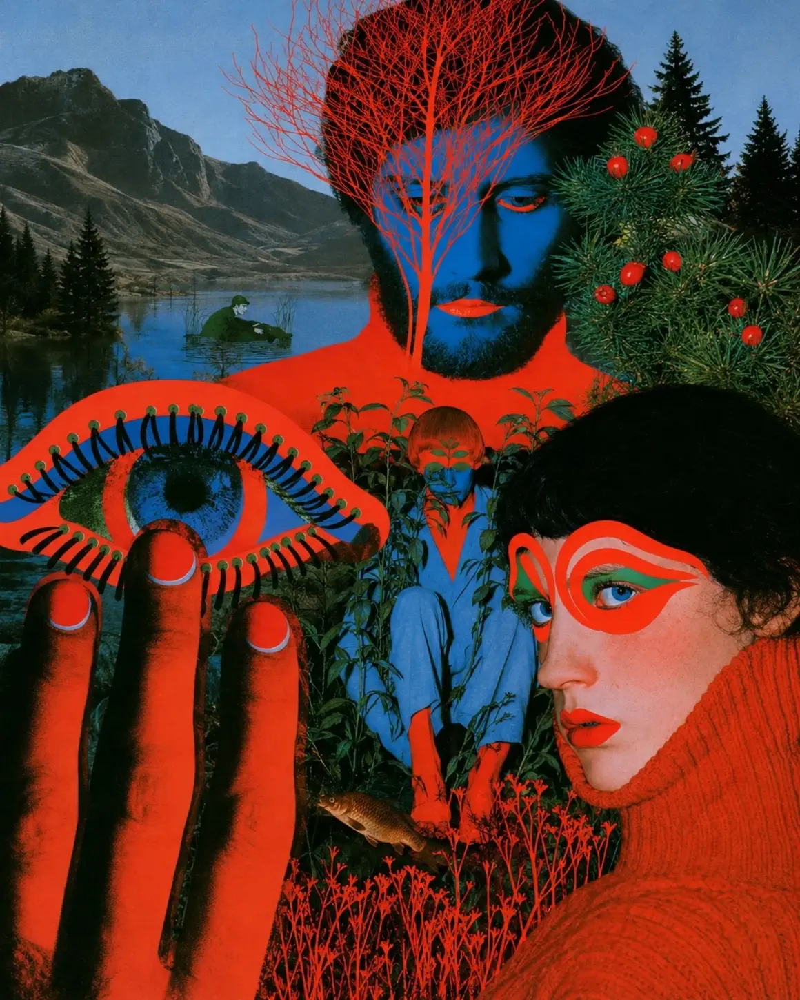Une immense main rouge tient un œil devant plusieurs personnages aux visages bleus et rouges, intégrés à un paysage de montagne, de lac et de végétation.