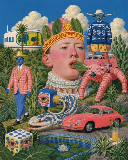 Un personnage à tête surdimensionnée repose sur un serpent tandis que plusieurs figures, une voiture rose et une créature géante occupent un jardin tropical.