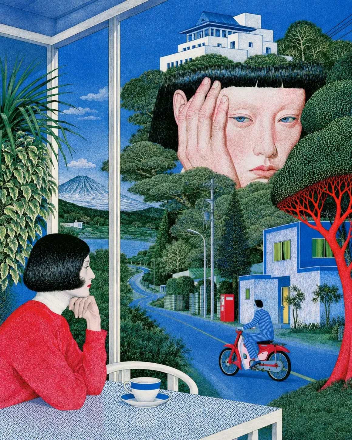 Une femme regarde par la fenêtre tandis qu'un immense visage sculpté dans une colline domine un quartier résidentiel.