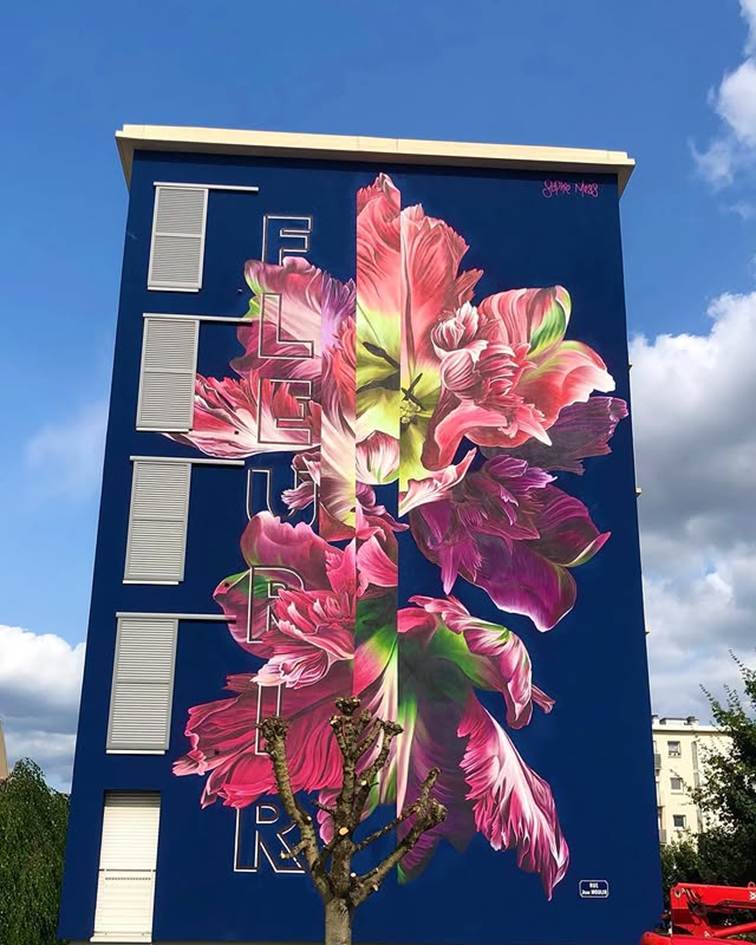 fresque de fleur sur fond bleu