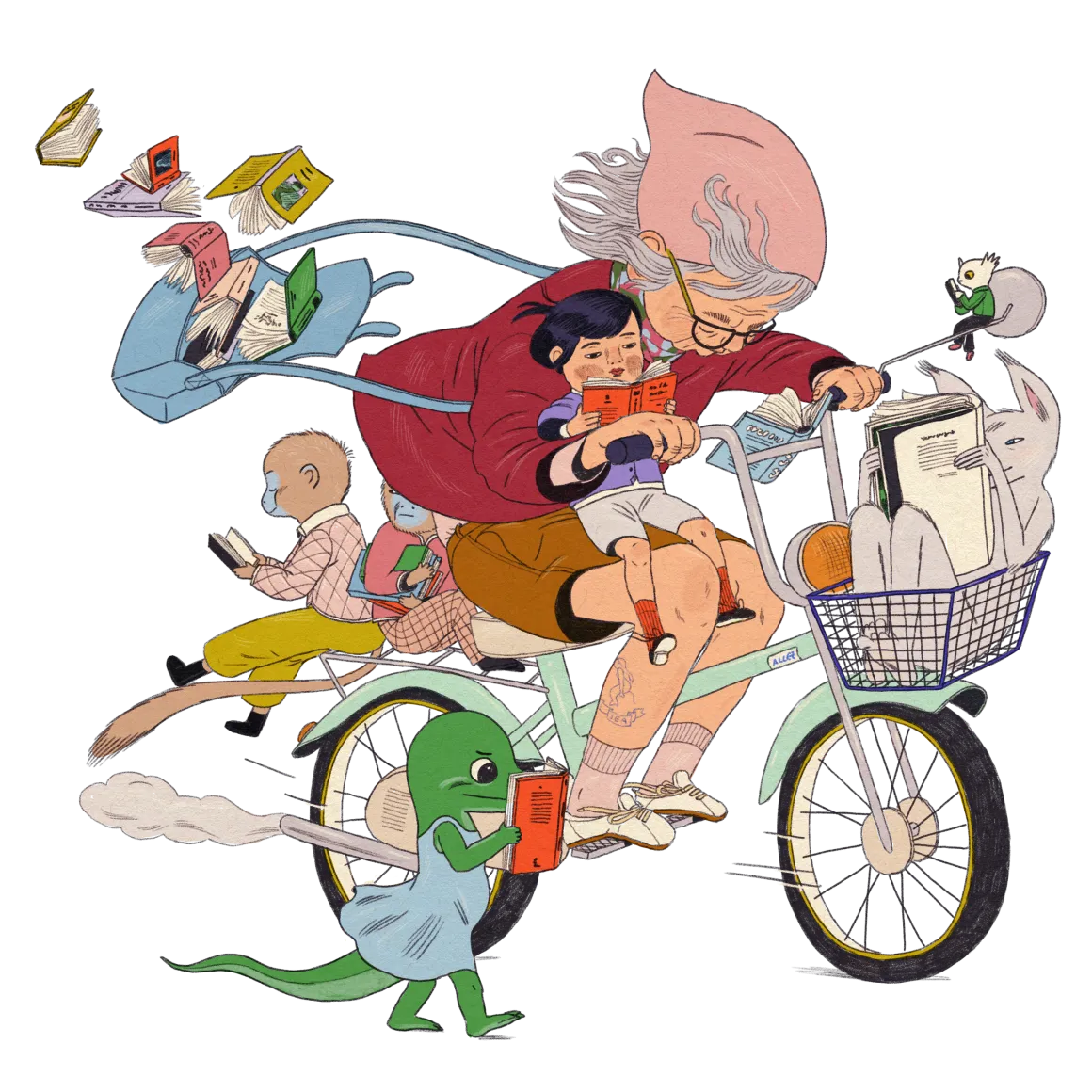 une mamie sur son vélo avec plein de personnages imaginaires, par Karlotta Freier