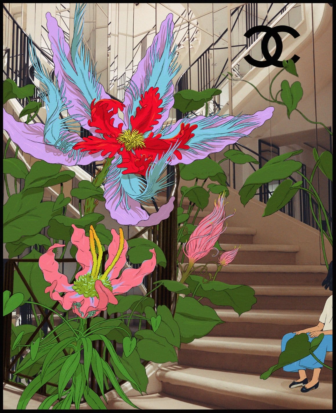 autre dessin de Karlotta Freier pour Chanel en superposition d'une photo de showroom